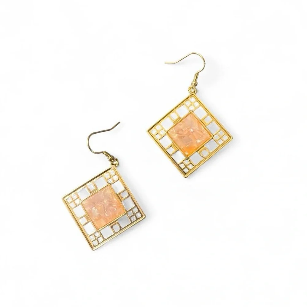 Serena Dangle Earrings Gold/Coral Square Feminine Closet Staple Special Events